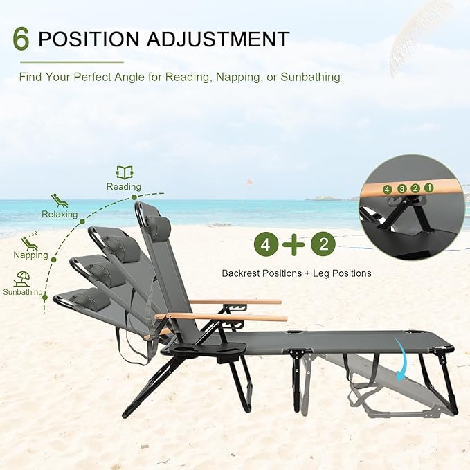 Folding Lounge Chairs for Outside, Beach Patio Lounge Chair, Sunbathing/Tanning Chair with 4 Adjustable Backrest & Cup & Pillow,Holds 330 Lb, Outdoor Garden Pool (Gray)