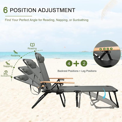 Folding Lounge Chairs for Outside, Beach Patio Lounge Chair, Sunbathing/Tanning Chair with 4 Adjustable Backrest & Cup & Pillow,Holds 330 Lb, Outdoor Garden Pool (Gray)
