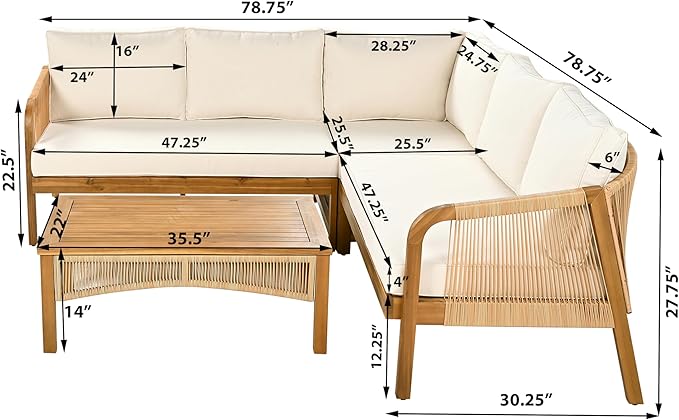 Merax 4-Pieces Outdoor Acacia Wood Patio Sectional Sofa Set, L Shape Couch with Coffee Table - Photo 2