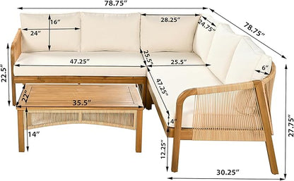 Merax 4-Pieces Outdoor Acacia Wood Patio Sectional Sofa Set, L Shape Couch with Coffee Table, Deep Seating with Soft Cushion, for Garden, Teak+ Beige