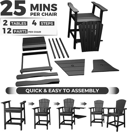 Outdoor Recycled Poly Adirondack Barstools with Connecting Tray, Tall Adirondack Chairs Bar Chairs for Deck, Balcony, Backyard, Patio Bar Stool Chair with High Back Weather Resistant Set of 2