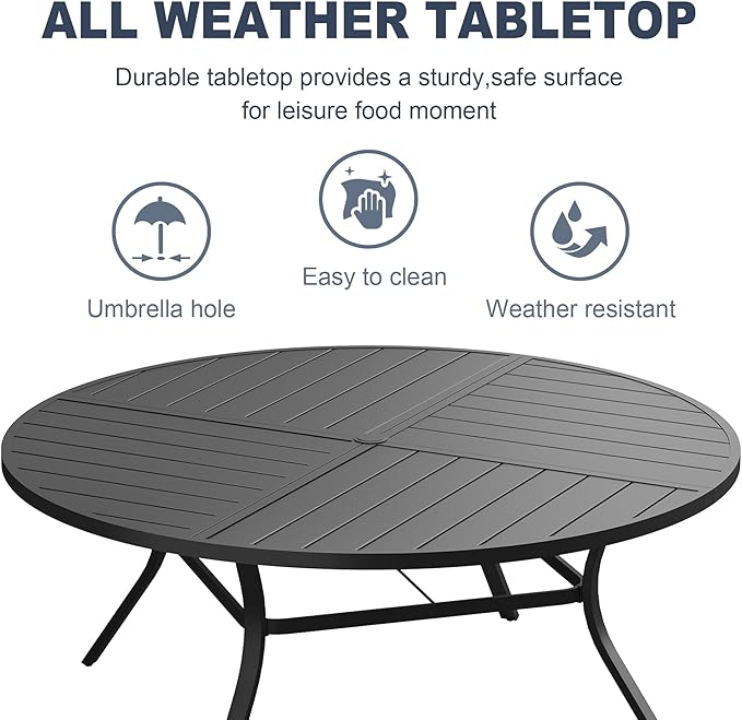 VICLLAX 60" Round Patio Dining Table for 8-10, All Weather Metal Outdoor Table with 1.57" Umbrella Hole and Surdy Frame for Garden Lawn Deck, Black