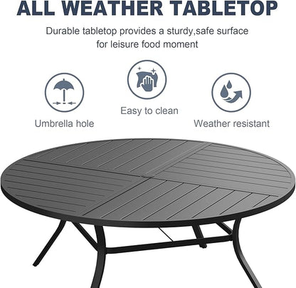 VICLLAX 60" Round Patio Dining Table for 8-10, All Weather Metal Outdoor Table with 1.57" Umbrella Hole and Surdy Frame for Garden Lawn Deck, Black