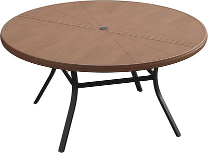 VICLLAX Round Patio Dining Table, 6-8 Person Aluminum Outdoor Dining Table with Umbrella Hole and Surdy Frame for Garden Lawn Deck, 53" Walnut