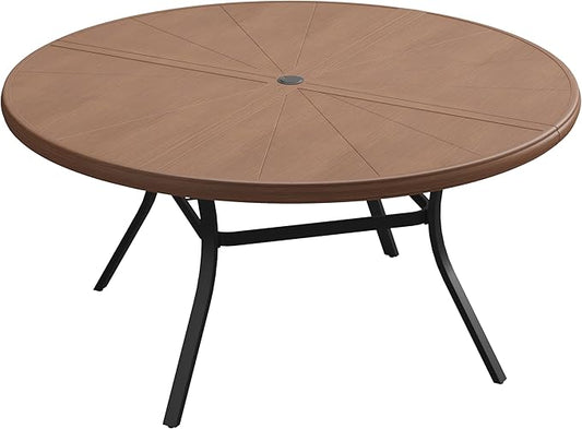 VICLLAX Round Patio Dining Table, 6-8 Person Aluminum Outdoor Dining Table with Umbrella Hole and Surdy Frame for Garden Lawn Deck, 53" Walnut