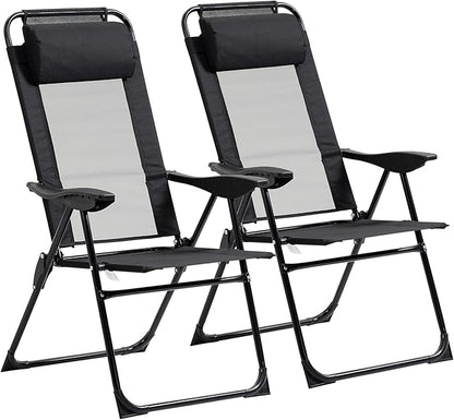 Outsunny Folding Patio Dining Chairs Set of 2, Outdoor Deck Chair with Adjustable Sling Back, Camping Chair with Removable Headrest for Garden, Backyard, Lawn, Black