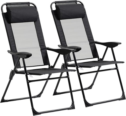 Outsunny Folding Patio Dining Chairs Set of 2, Outdoor Deck Chair with Adjustable Sling Back, Camping Chair with Removable Headrest for Garden, Backyard, Lawn, Black