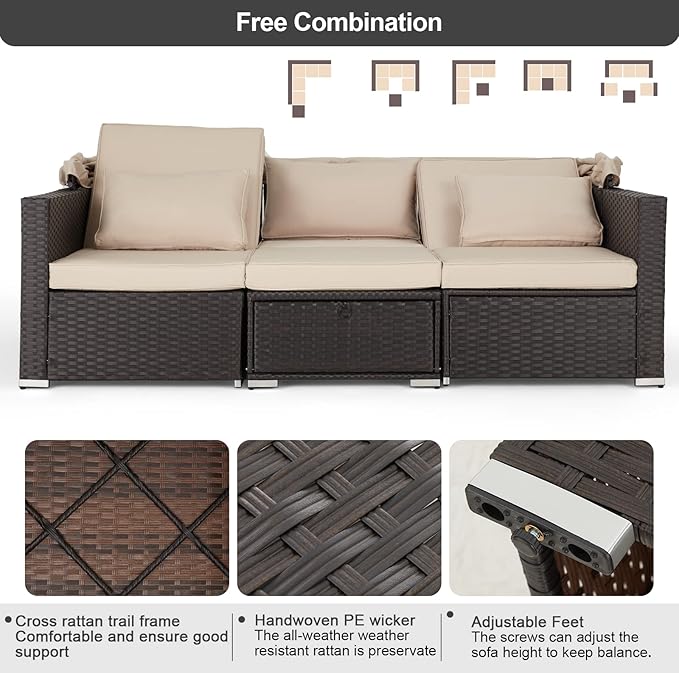 Vicluke 6 Pieces Patio Furniture Sets Outdoor Sectional Sofa Set Rattan Daybed with Retractable Canopy - Photo 5