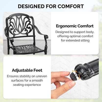 VINGLI Patio Chairs Set of 2 - Stackable Outdoor Cast Aluminum Dining Chairs with Vintage Black Finish and Floral Pattern, Metal Armchairs for Poolside, Backyard, Balcony (No Cushion)