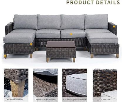 Grand patio Sofa Sets Outdoor Furniture Sets, PE Wicker Patio Furniture Sectional Sofa with Thick Olefin Cushions for Yard Garden Porch(Brown Sofa Set for Six, 7 PCS)