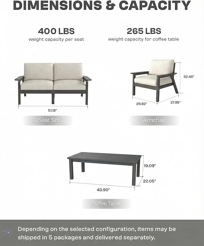Patio Furniture Set, HDPE Outdoor Sofa Set with Beige Washable Cushions, Patio Conversation Sets for Lawn, Garden, Porch, Balcony & Deck, Durable Outdoor Sectional Furniture (Gray Frame)