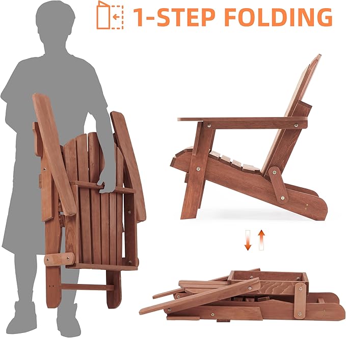 Oversized Wooden Folding Adirondack Chair with Pre-Assembled Backrest and Seat Board, Lounge Chair for Outdoor Patio Garden Lawn Backyard Firepit Deck Pool Beach