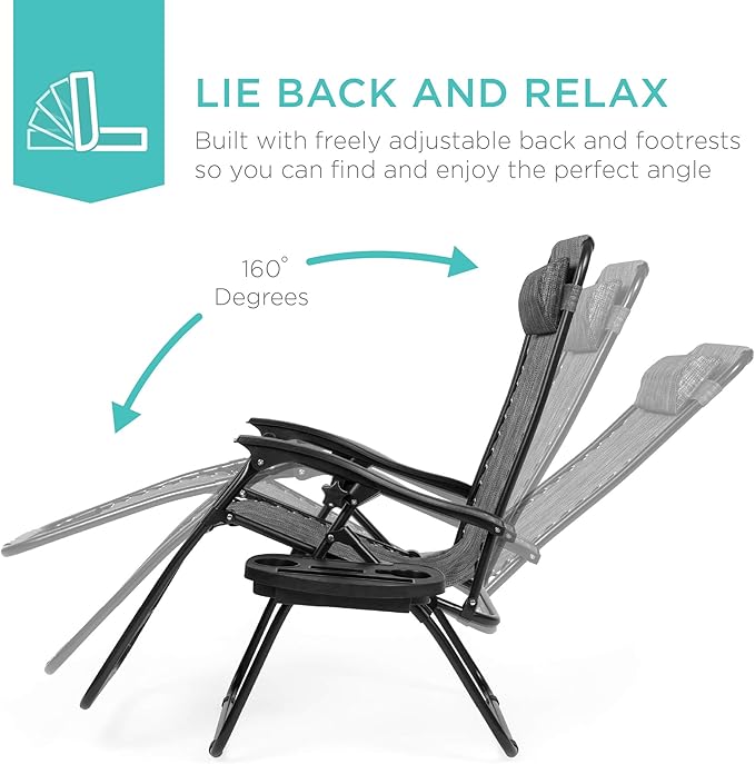Best Choice Products Set of 2 Adjustable Steel Mesh Zero Gravity Lounge Chair Recliners w/Pillows and Cup Holder Trays - Photo 3