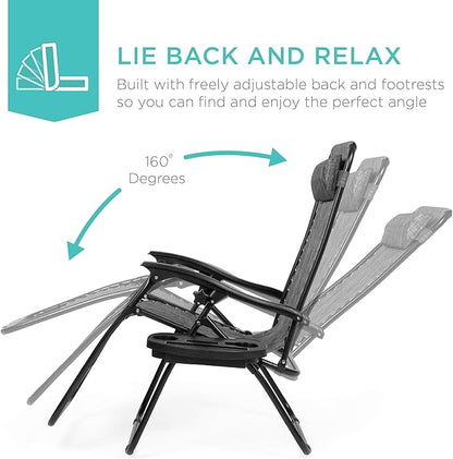 Best Choice Products Set of 2 Adjustable Steel Mesh Zero Gravity Lounge Chair Recliners w/Pillows and Cup Holder Trays - Gray