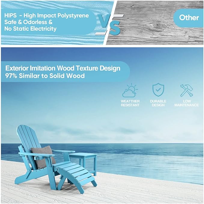 Adirondack Ottoman Set of 2, Plastic Folding Adirondack Footstool, All Weather Ottoman for Adirondack Chairs, Widely Used for Outdoor, Porch, Patio, Garden, Poolside, Fire Pits - Lake Blue
