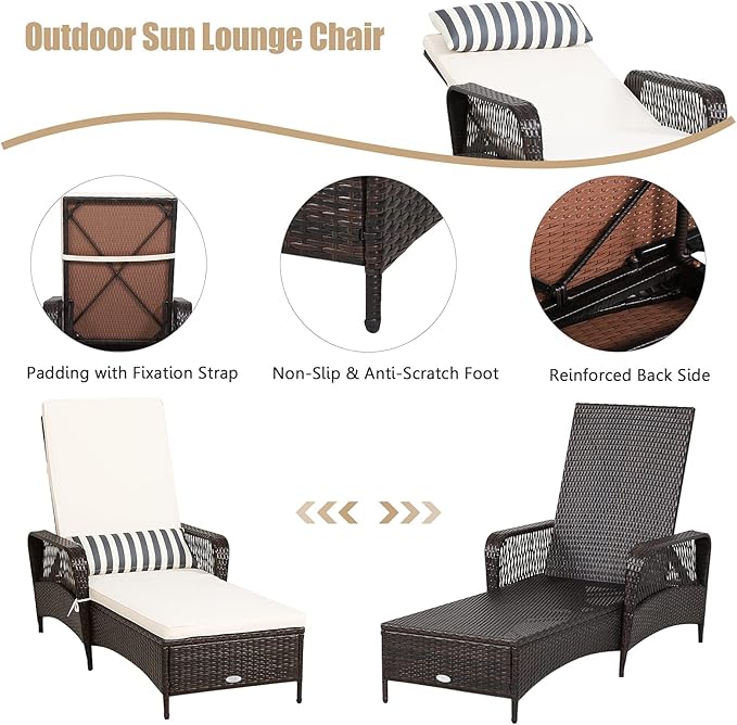 HAPPYGRILL PE Rattan Lounge Chair Outdoor Recliner Patio Chaise Lounger with Extra Waist Pillow, Reclining Chair with 6 Adjustable Gears for Outdoor Beach Pool Backyard