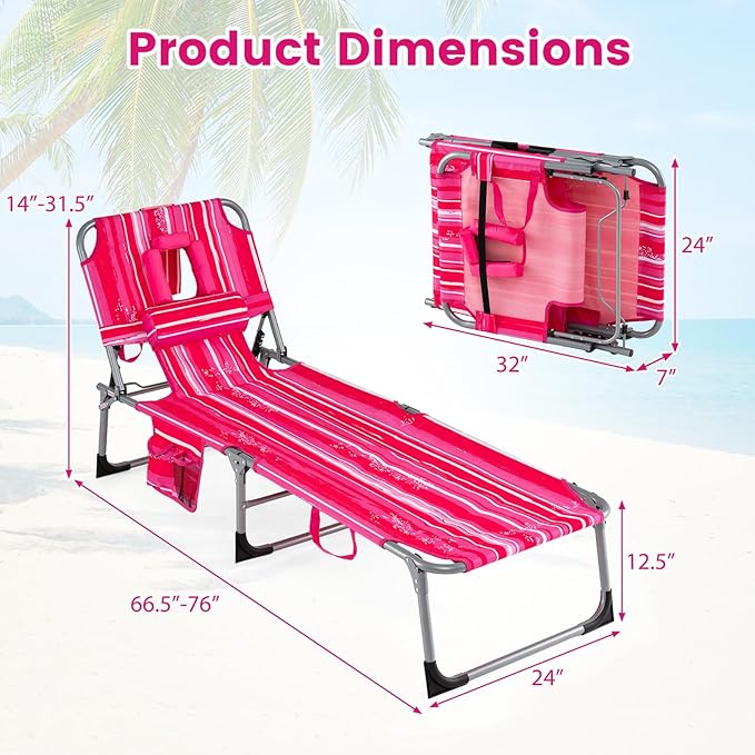 Giantex Face Down Tanning Chair, Folding Beach Lounge Chair w/ 4-Position Adjustable Backrest, Outdoor Sunbathing Lounge Chair w/Face Arm Hole & Storage Pocket for Patio Deck Poolside (2 Pink Stripe)