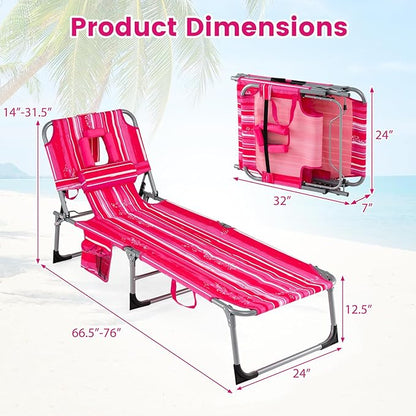 Giantex Face Down Tanning Chair, Folding Beach Lounge Chair w/ 4-Position Adjustable Backrest, Outdoor Sunbathing Lounge Chair w/Face Arm Hole & Storage Pocket for Patio Deck Poolside (2 Pink Stripe)