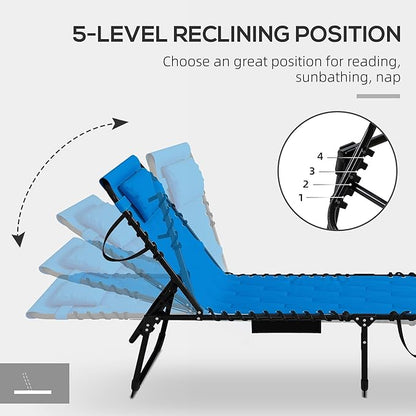 Outsunny Padded Folding Chaise Lounge Chair Outdoor Set of 2, 5-Level Reclining Patio Loungers, Tanning Chairs with Side Pocket, Headrest and Carrying Handle for Beach, Yard, Patio, Blue