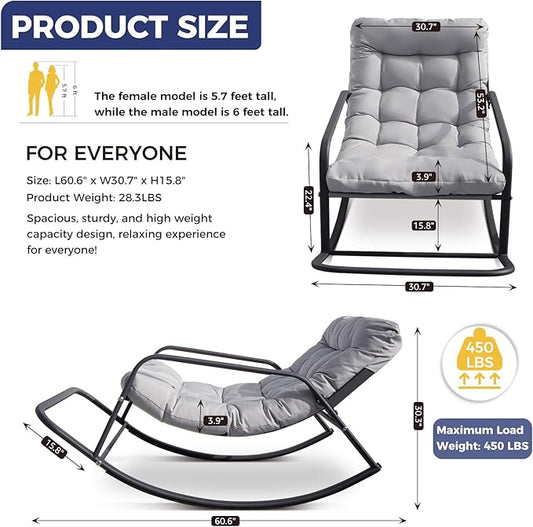 BULEXYARD Grey 2 Pcs Oversized Indoor Outdoor Lounge Royal Rocking Chair with Armrest Footrest for Napping Relaxing, Heavy Duty Patio Reclining Papasan Rocker Chair with Padded Cushion