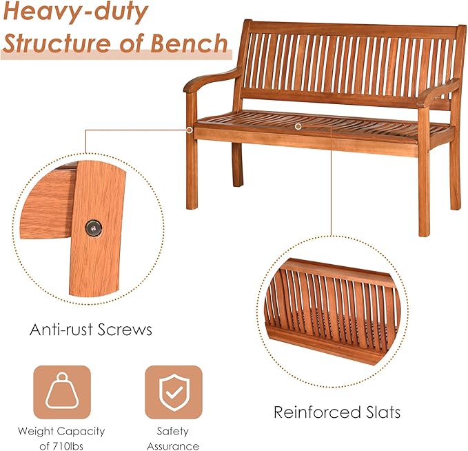 Outdoor Bench, Eucalyptus Wood Patio Bench, 4 Ft Outdoor Slatted Seating Loveseat with Armrest Backrest for Patio Pack Balcony Deck,(Nature Teak)