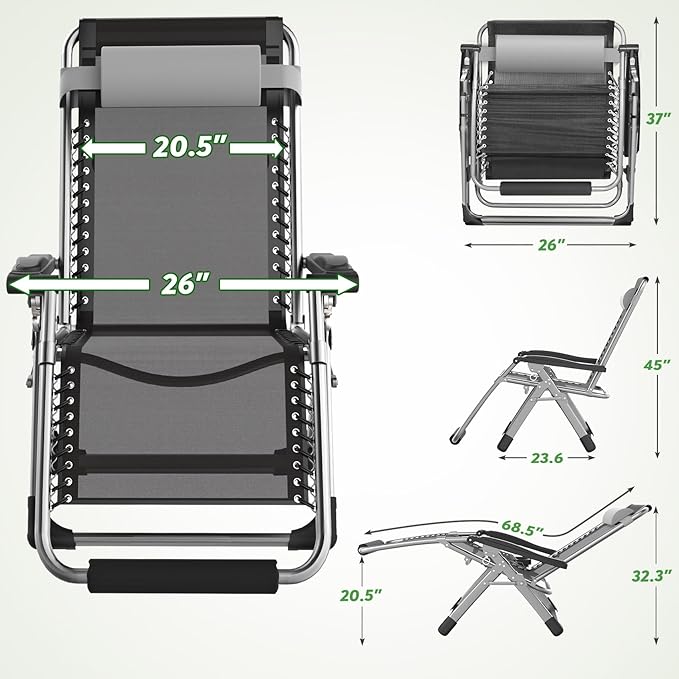 ZENPETIO 26In Zero Gravity Chair, Zero Gravity Recliner Lounge Chair for Indoor and Outdoor, Reclining Camping Chair for Lawn and Patio, Anti Gravity Chair w/Cushion, Cup Holder and Footrest, 440LBS