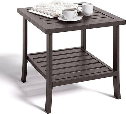 Kiss the Water Metal Square Side Table, 2-Tier Outdoor Coffee Table, All-Weather Outdoor Side Table for Patio End Porch Backyard Garden, Khaki