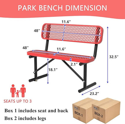 4 Ft Metal Park Bench for Outside, All-Weather Thermoplastic Coating Outdoor Bench with Backrest, Commercial Heavy Duty Benches for Shopping Malls, Stores, Parks, Patios, Decks, Red