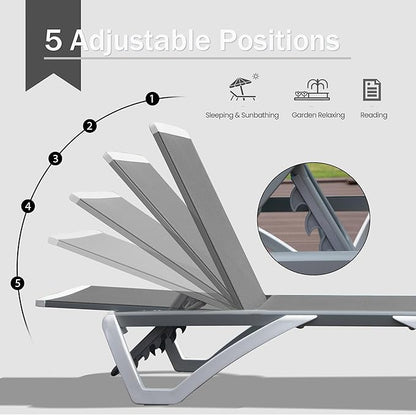 Domi Outdoor Lounge Chairs Set of 4, Aluminum Lounge Chairs for Outside with 5 Position Adjustable Backrest, Outdoor Chaise Lounge for Beach, Yard, Balcony, Poolside, Grey