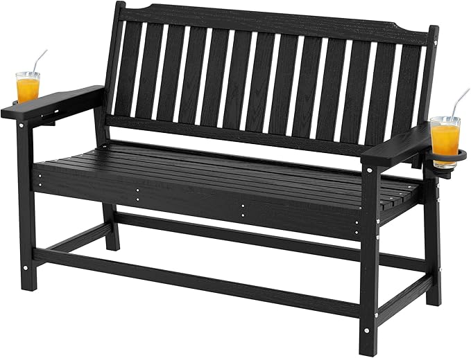 Outdoor Bench with Cup Holder All-Weather HDPE Fade Resistant Garden Bench 660 lbs Bearing 2-Seat Front Porch Furniture for Patio, Backyard,Park (Black)