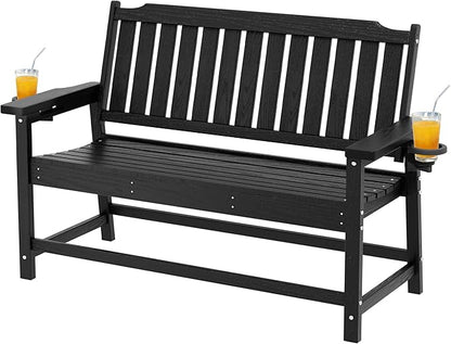 Outdoor Bench with Cup Holder All-Weather HDPE Fade Resistant Garden Bench 660 lbs Bearing 2-Seat Front Porch Furniture for Patio, Backyard,Park (Black)