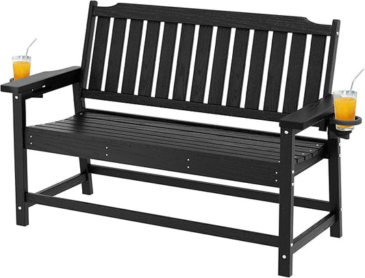 Outdoor Bench with Cup Holder All-Weather HDPE Fade Resistant Garden Bench 660 lbs Bearing 2-Seat Front Porch Furniture for Patio, Backyard,Park (Black)