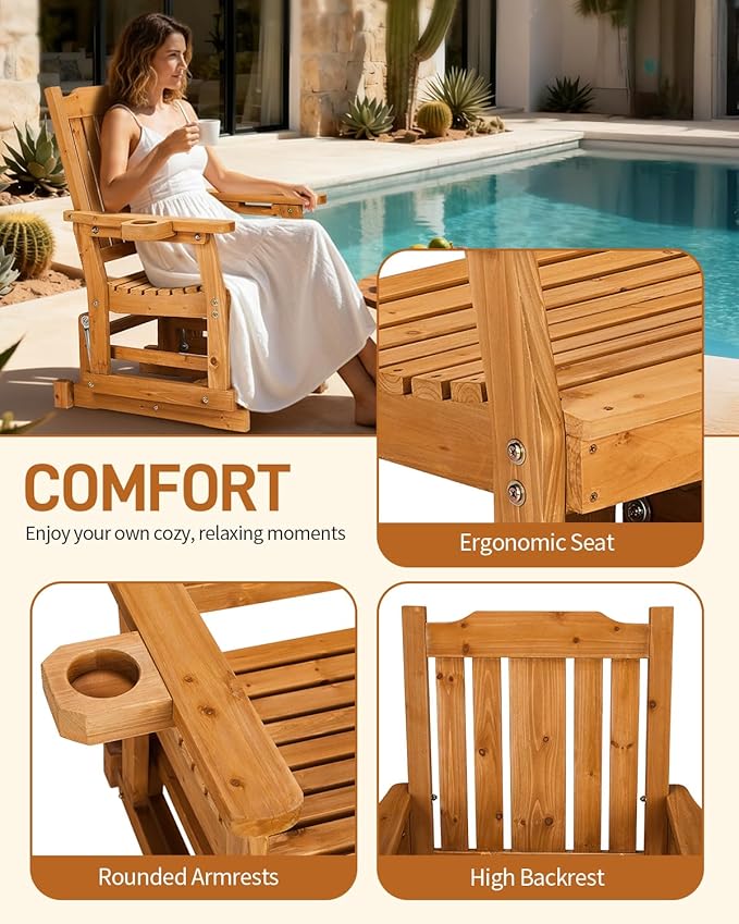 Outvita Patio Glider with Cup Holders Set of 2, Wooden Outdoor Glider Bench with High Roll Back & Deep Contoured Seat, Smooth Porch Glider Chair Heavy Duty 600 Lbs, Teak Brown