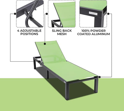 LeisureMod Marlin Aluminum Outdoor Chaise Lounge Chair - Mesh Sling Fabric Seat Black Aluminum Frame Beach, Pool Lounge Chair for Modern Patio Lawn, Garden and Backyard (Green)