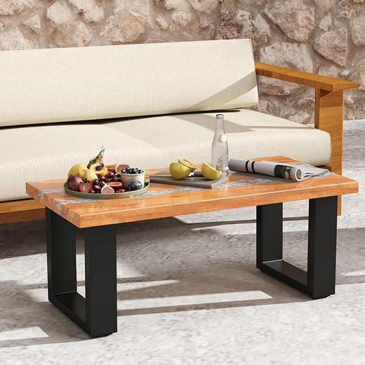 Giantex Teak Outdoor Coffee Table, Rectangular Resin Side Table with River Feel Epoxy Tabletop, Indoor Outdoor Solid Wood Center Table, Patio Table for Living Room, Poolside, Backyard