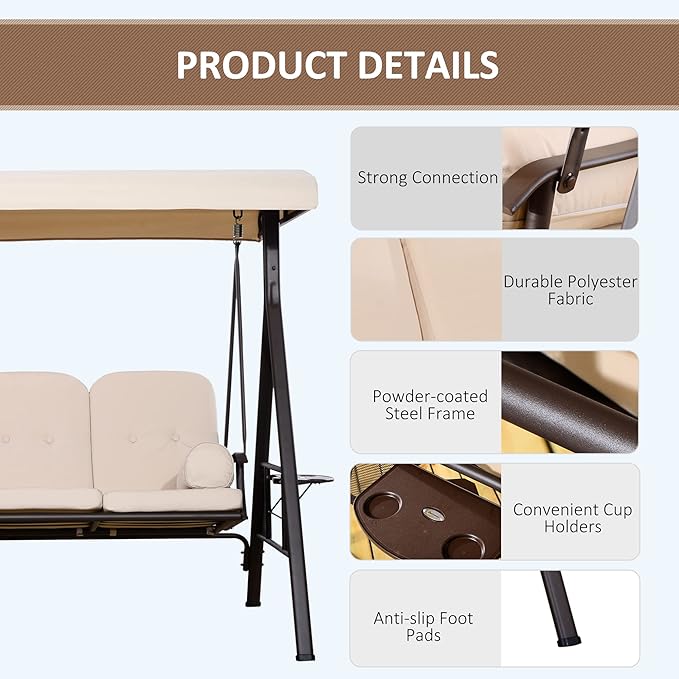 Outsunny 3-Seat Patio Swing Chair, Outdoor Porch Swing Glider with Adjustable Canopy, Removable Cushion - Photo 4