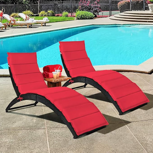 COSTWAY 2PCS Folding Rattan Lounge Chair Outdoor, Patio Wicker Chaise Lounge with Soft Cushion, Ergonomic Support Shaped, Portable Pool Lounge Chairs Set of 2 for Sunbathing, Beach (Red)