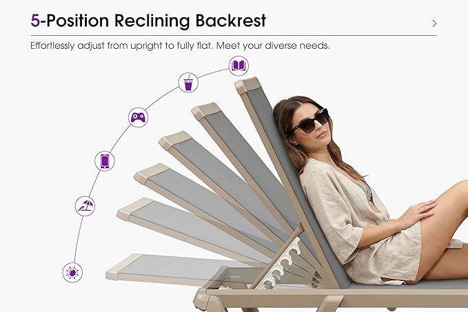 PURPLE LEAF Outdoor Chaise Lounge Chair Set of 2 Pool Lounge Chair with Champagne Aluminum Plastic Stackable Patio - Photo 7