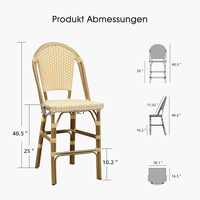 PURPLE LEAF French Counter Height Bar Stool Set of 2 25" Bamboo Print Finish Patio Bar Chairs with Back Rattan Bar - Photo 6