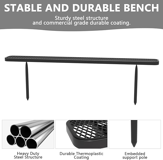 96" L Outdoor Bench, 8FT Heavy Duty Metal Park Bench for Outside, Inground Mounted, Commercial Benches Mesh Bench for Shopping Mall, Store, Lawn, Park, Patio, Deck, Garden (Black Inground)