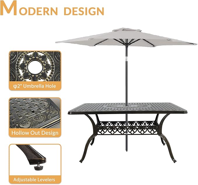 Outdoor Cast Aluminum Patio Table, 60” Rectangular Bistro Table with 2’’ Umbrella Hole for Patio Furniture Garden Deck Backyard
