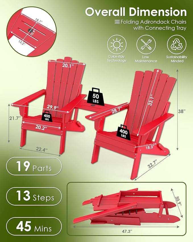 GREENVINES Folding-Adirondack-Chairs-Set-of-2 | HDPE Plastic | Throne Series | Fire Pit Chair | with Connecting Tray | Removable Table | All Weather | for Outdoor Patio Deck Poolside | Red