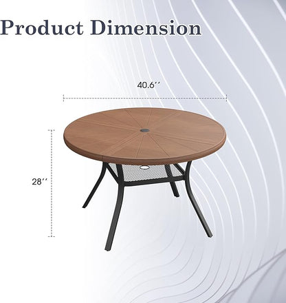 Outdoor Patio Round Dining Table for 4, 40.7" x 40.7" Sleek Aluminum Dining Table with Umbrella Hole for Backyard Garden Lawn Deck, Walnut