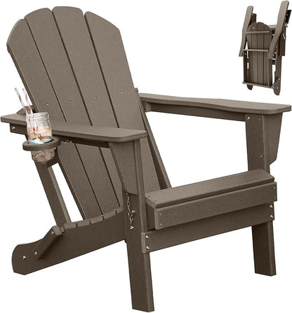 Adirondack Chair, Plastic Adirondack Chairs, HDPE Adirondack Chair, Folding Adirondack Chairs,Outdoor Chairs with Cup Holder for Lawn Patio Deck Fire Pit -Brown