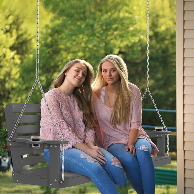 Plawdlik Porch Swings,2 Seat Patio Chair with Two Cup Holders,HDPE Waterproof Bench for Courtyard-Grey - Photo 2