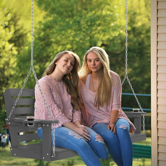 Plawdlik Porch Swings,2 Seat Patio Chair with Two Cup Holders,HDPE Waterproof Bench for Courtyard-Grey