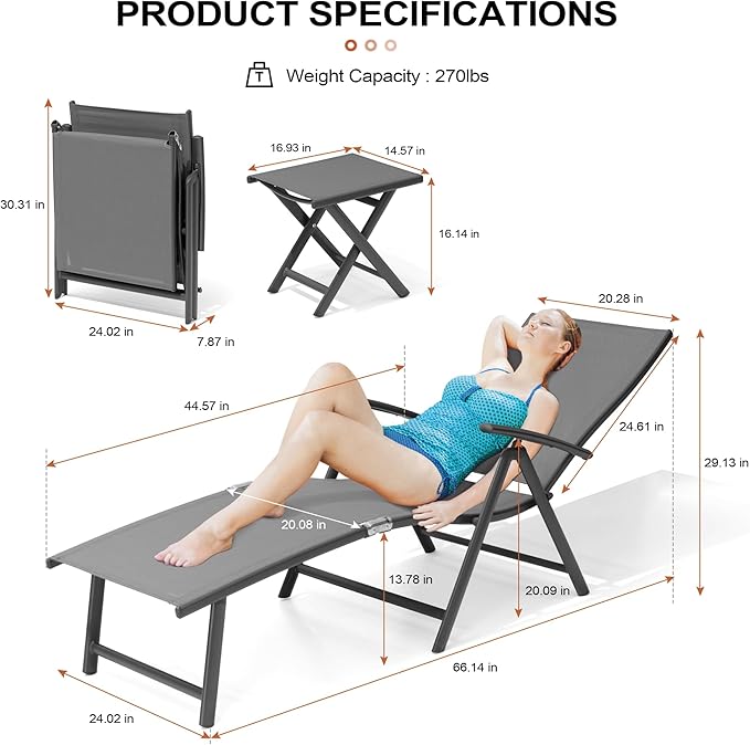 Crestlive Products 2PCS Chaise Lounge Chair Outdoor with 1PC Side Table, Aluminum Folding Patio Recliner Chair, Adjustable 8 Positions Assemble-Free