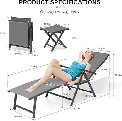 Crestlive Products 2PCS Chaise Lounge Chair Outdoor with 1PC Side Table, Aluminum Folding Patio Recliner Chair, Adjustable 8 Positions Assemble-Free