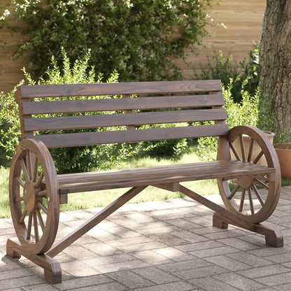 Burnt Wood Look Solid Fir Wood 2-Seater Garden Bench Durable Outdoor Furniture with Vintage Wagon Wheel Armrests for Patio and Lawn Relaxation