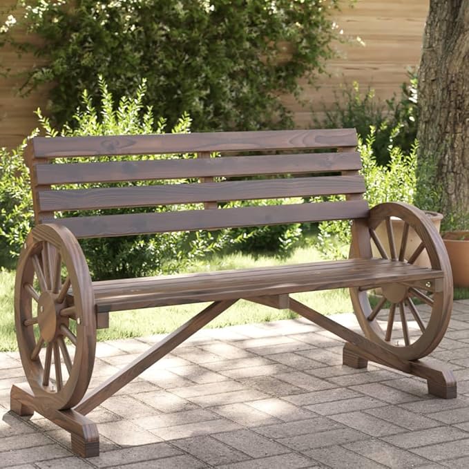 2-Seater Garden Bench Burnt Wood Look Solid fir Wood Outdoor Seating for Garden and Patio